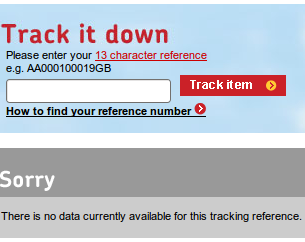 Royal Mail airsure "There is no data ..."